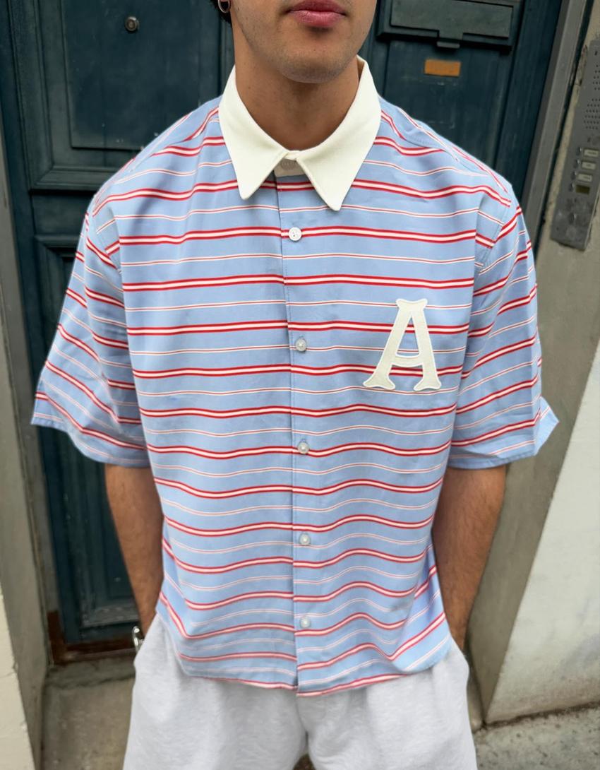 Chemise boxy à manches courtes brodée-Bleu clair