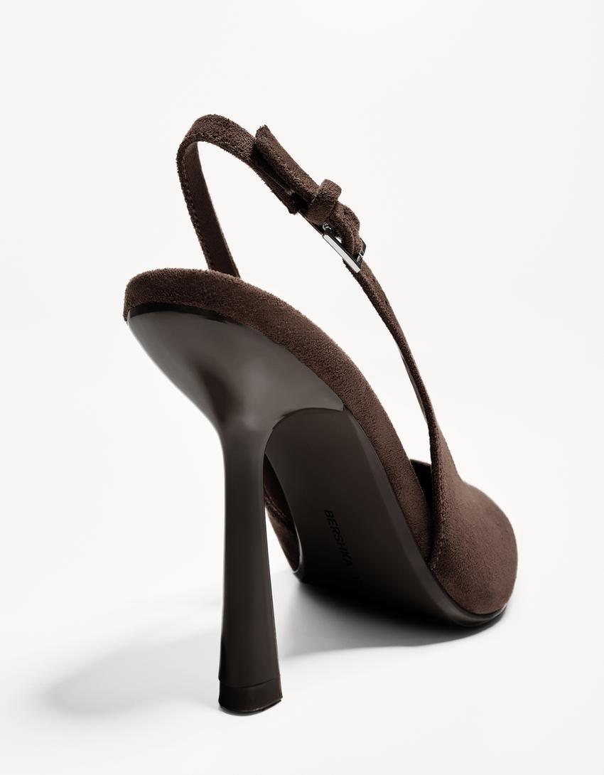 Kitten heel slingback shoes-Brown-1