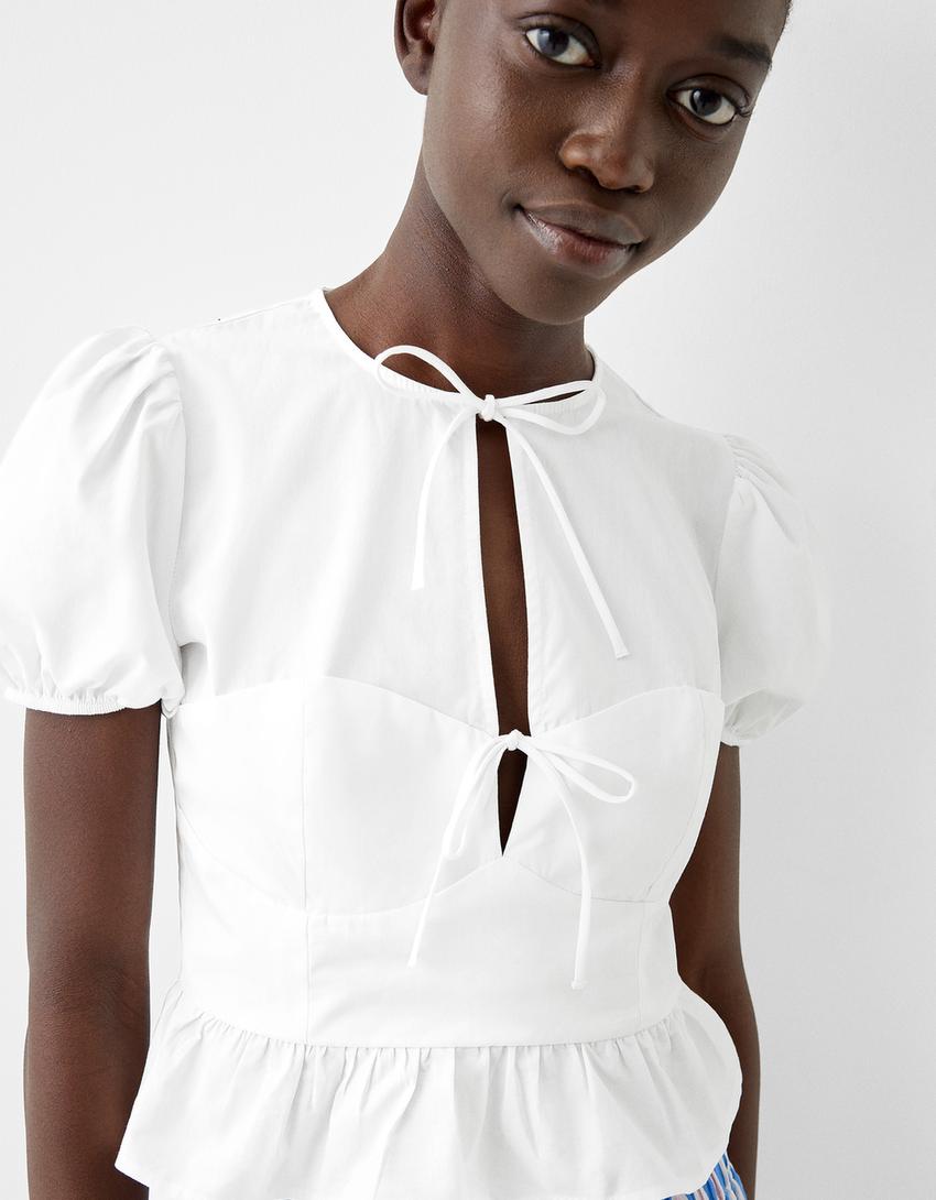 قميص بوبلين بأكمام قصيرة وربطة في الأمام-أبيض مطفي-2