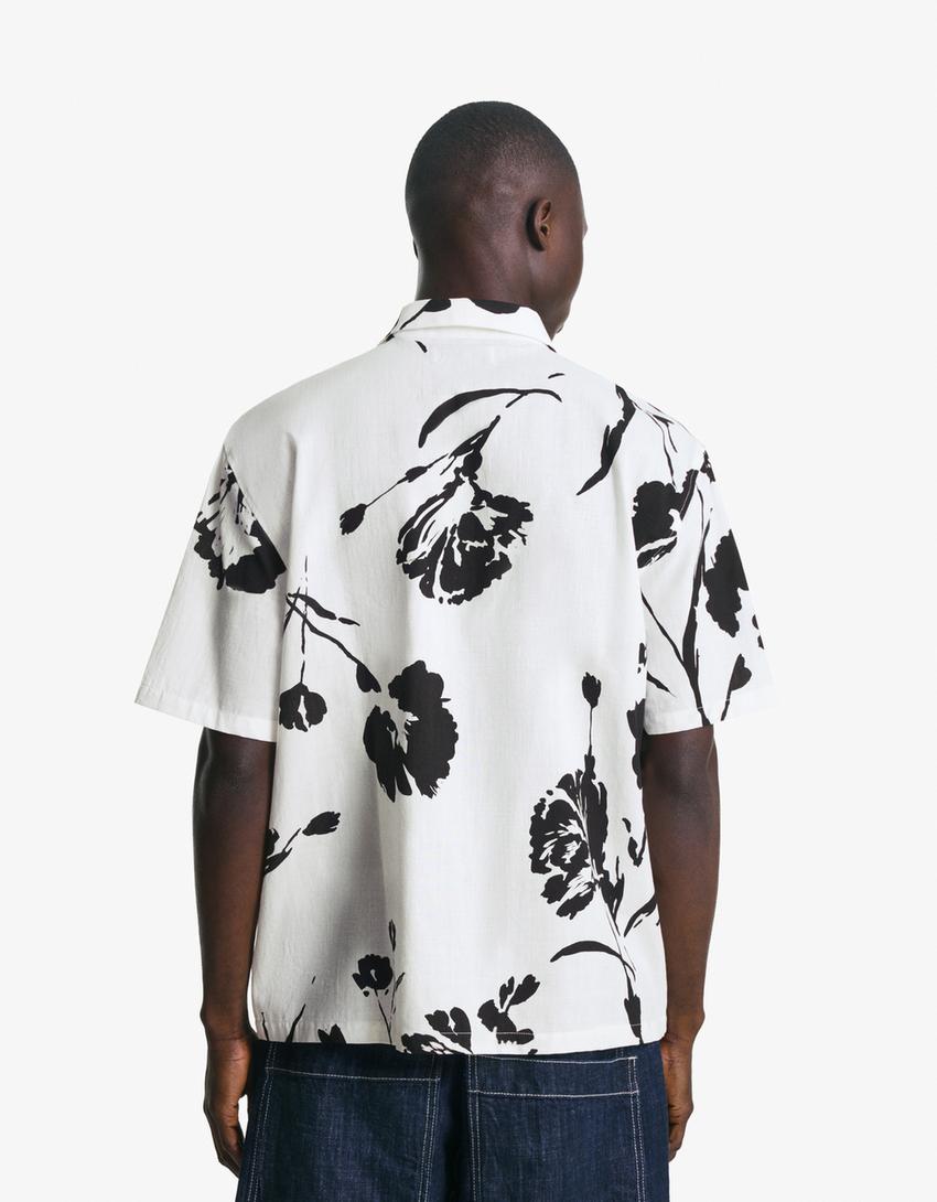 Chemise à manches courtes rustique imprimée-Écru