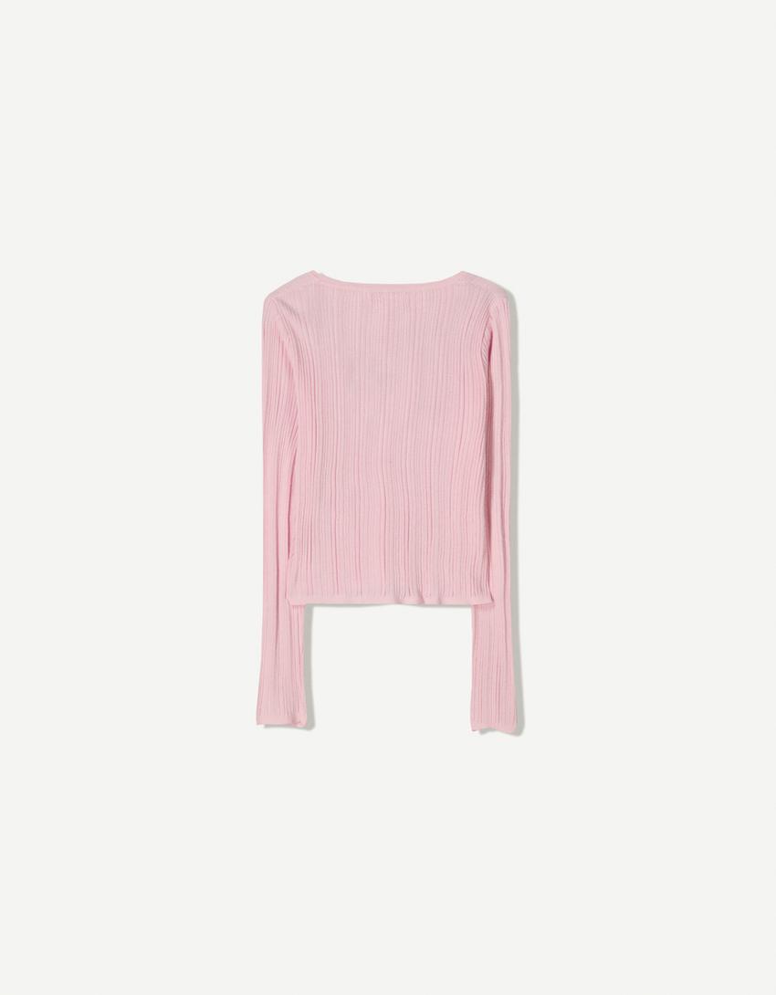 Ribstrikket jakke med knapper-Pink