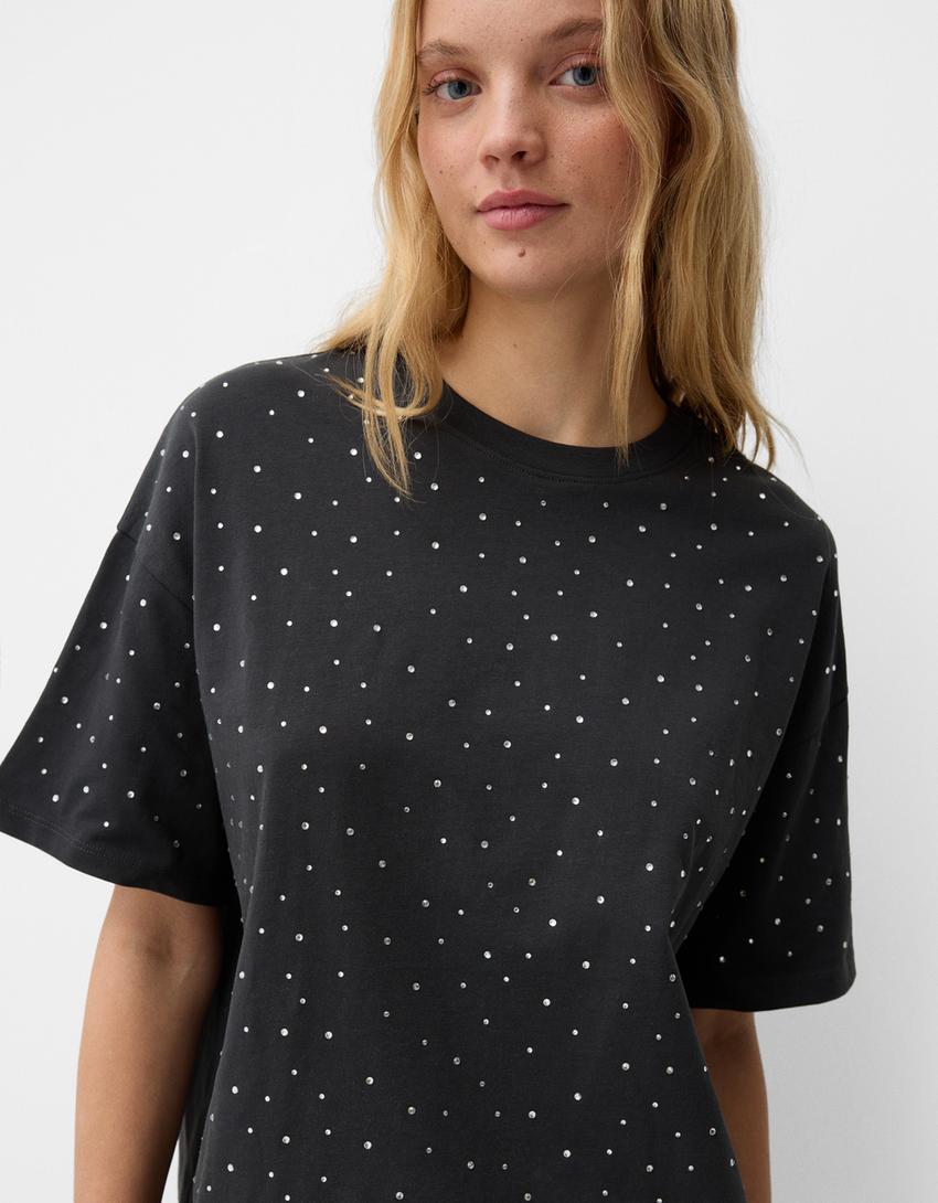 Tricou oversize mânecă scurtă strasuri-Gri închis-2