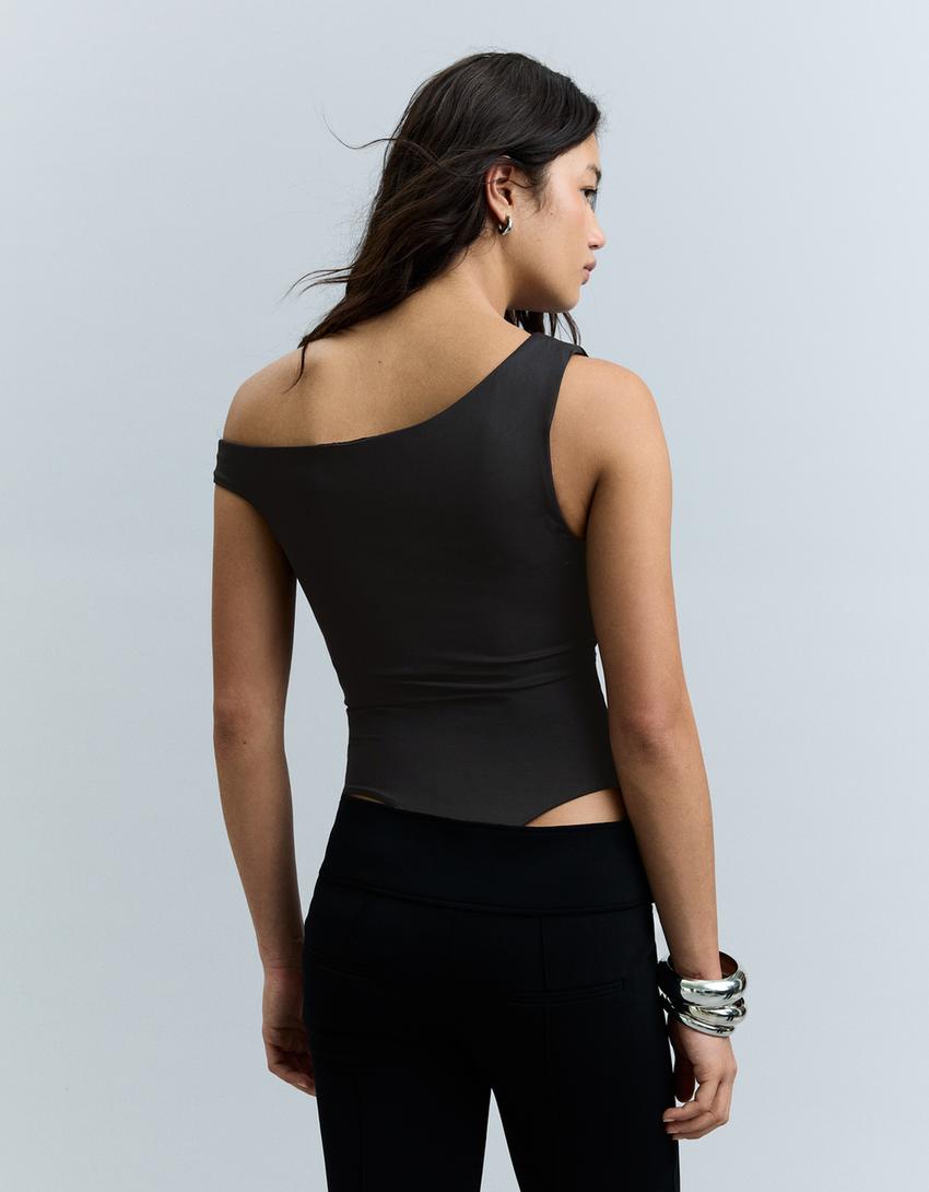 Body asimmetrico con spalline arricciate-Nero