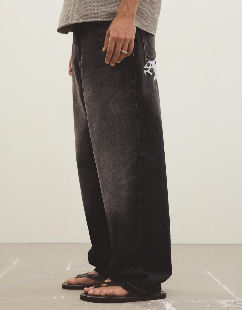 İşlemeli super baggy fit jean-Siyah