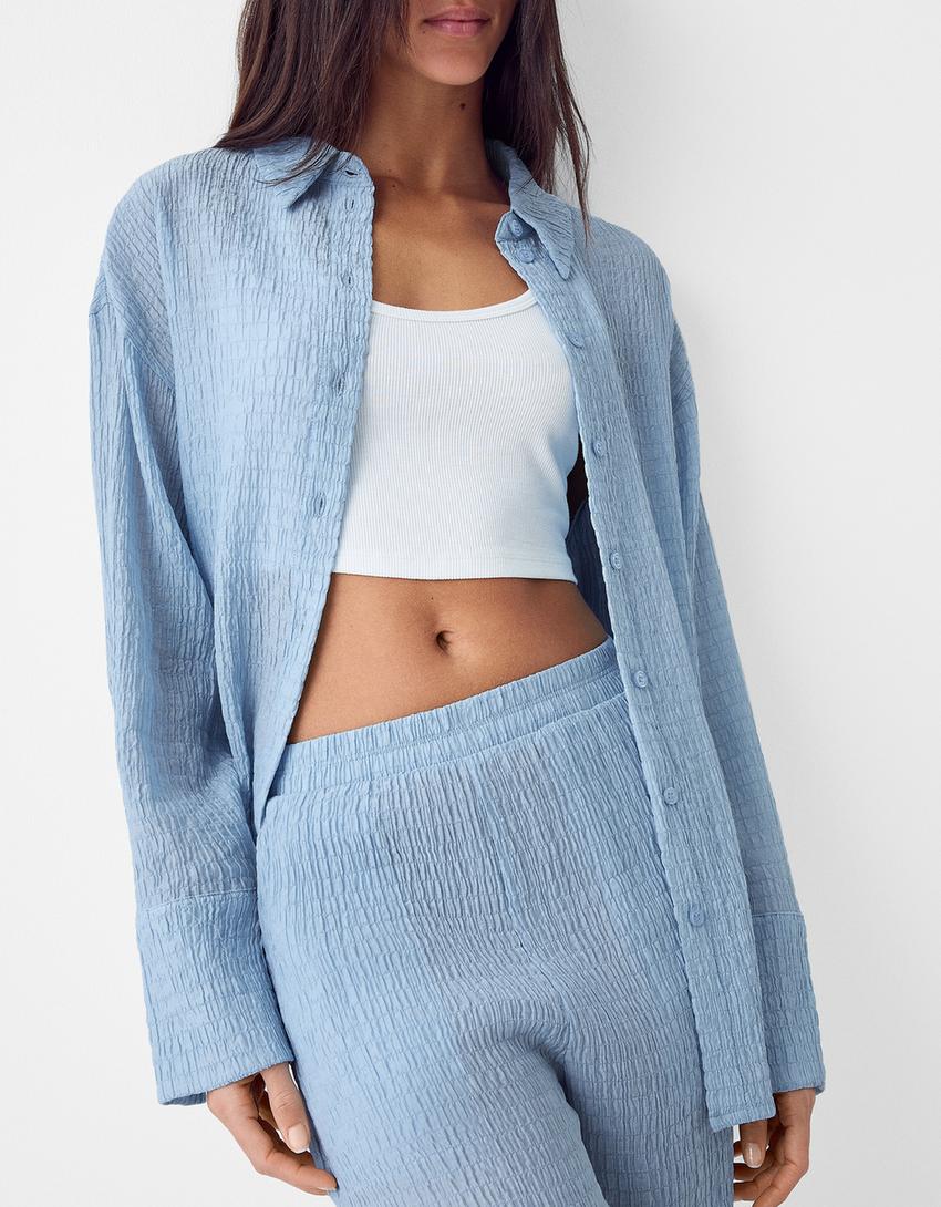 قميص فضفاض بملمس بارز وأكمام طويلة-أزرق فاتح-2