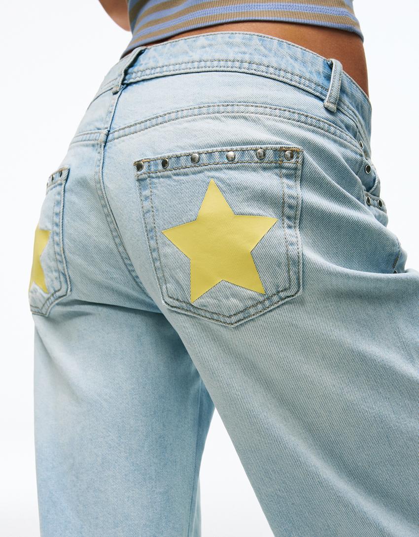 Jeans baggy low-rise dengan stud-Biru muda