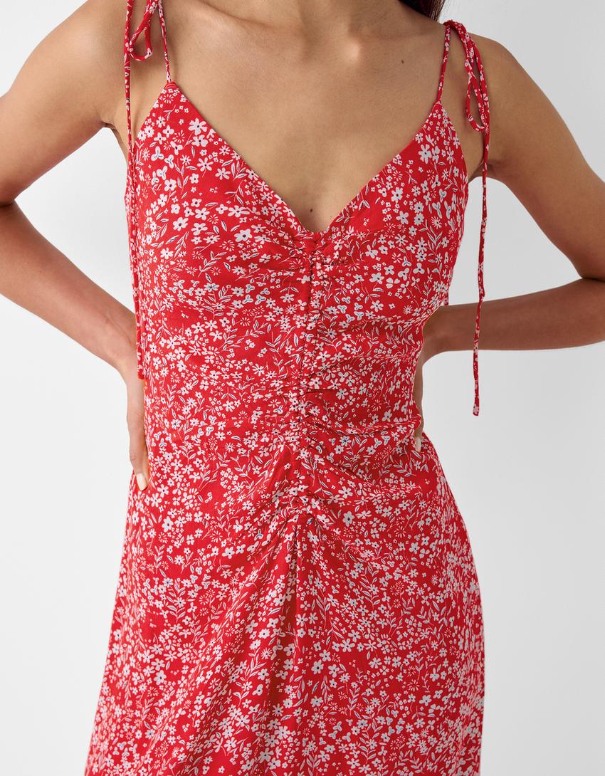 Midi dress with straps and gathered front-Red-3