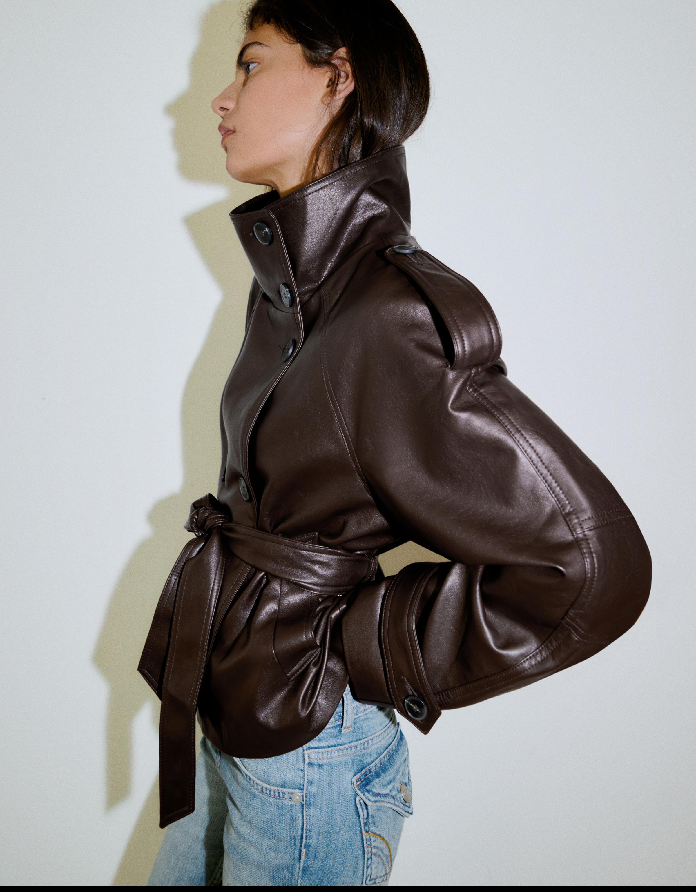 Short leather effect trench jacket — Brown