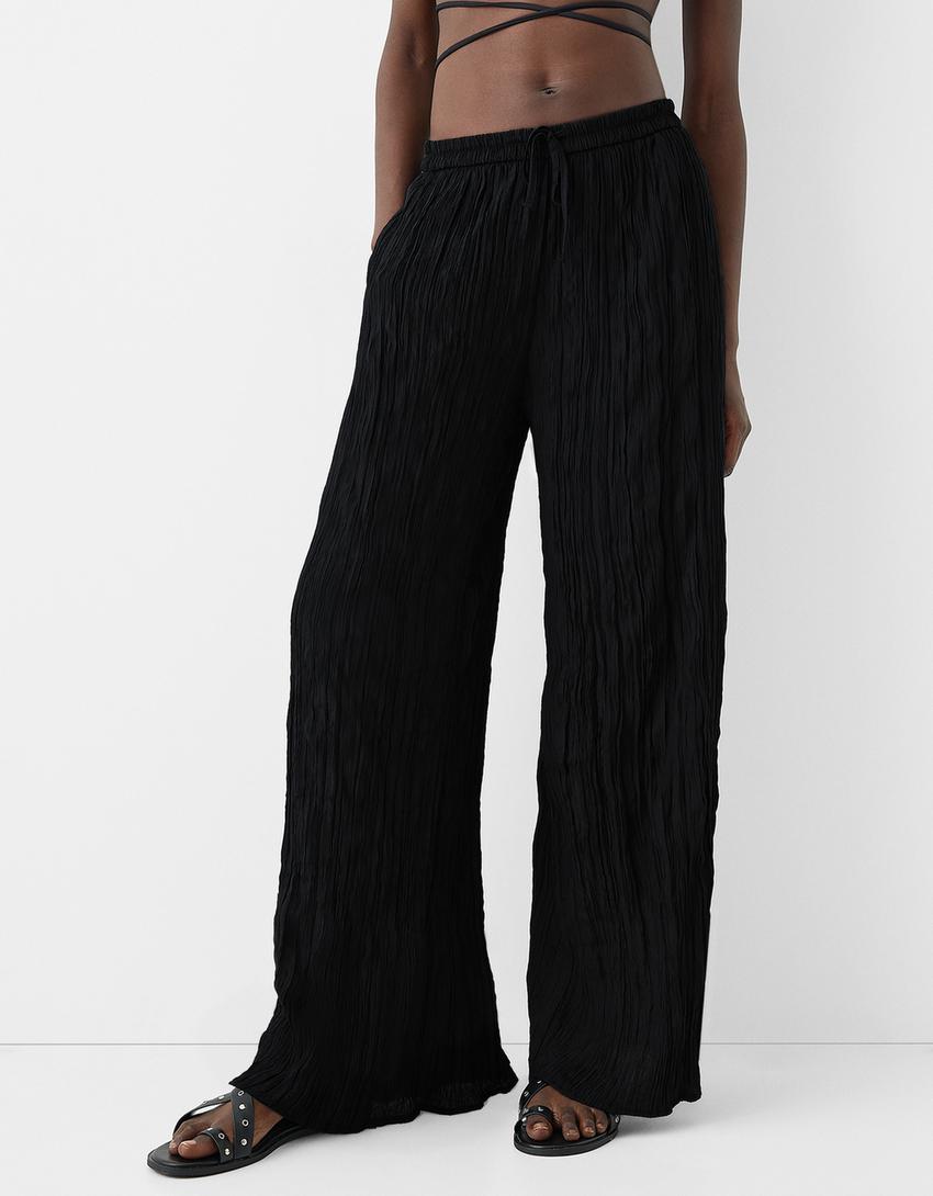 Pantalon wide leg effet froissé-Noir-1