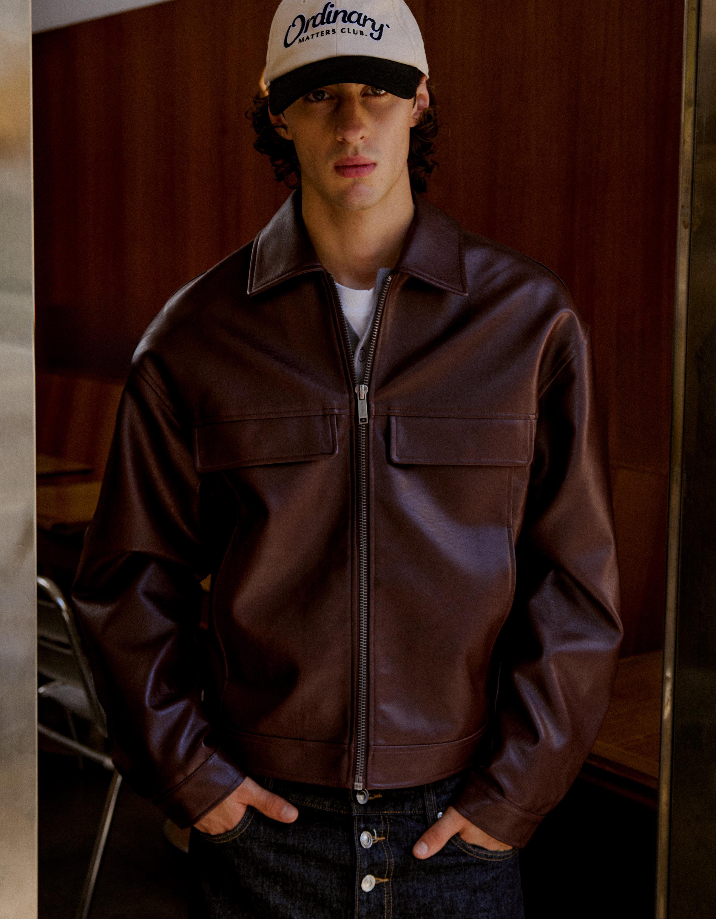 Boxy leather effect jacket — Burgundy