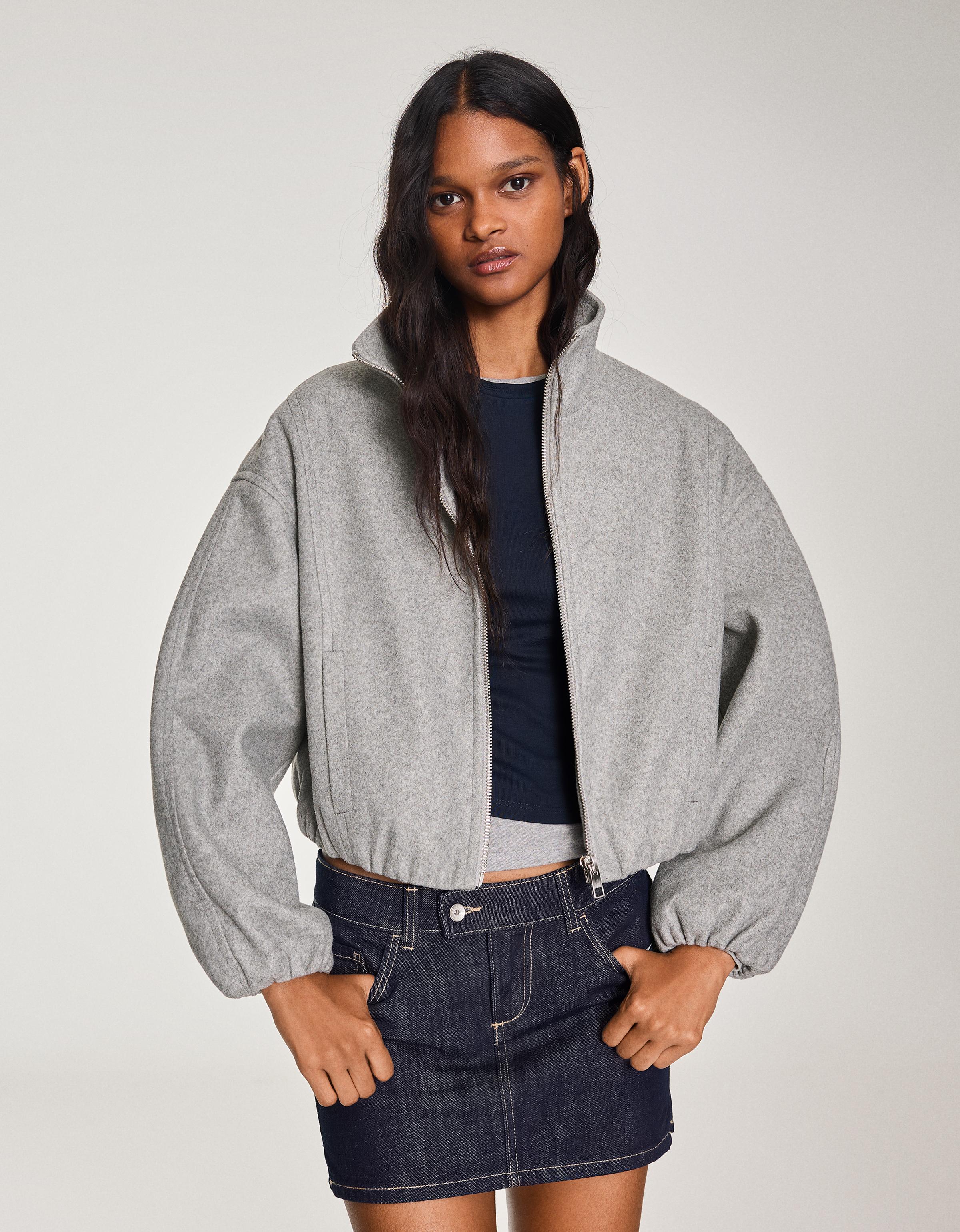 Bershka Cazadora Paño Frunce Bajo Mujer L Gris