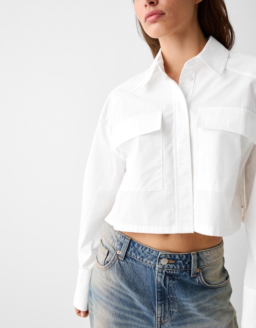 Long sleeve cropped poplin shirt with pocket-White