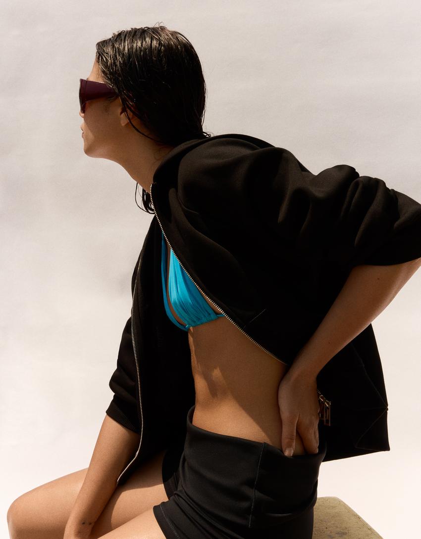 Zip-up plush hooded jacket-Black