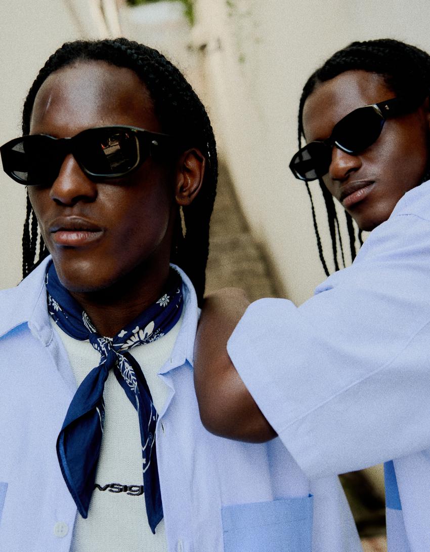 Oversize striped short sleeve shirt-Light blue