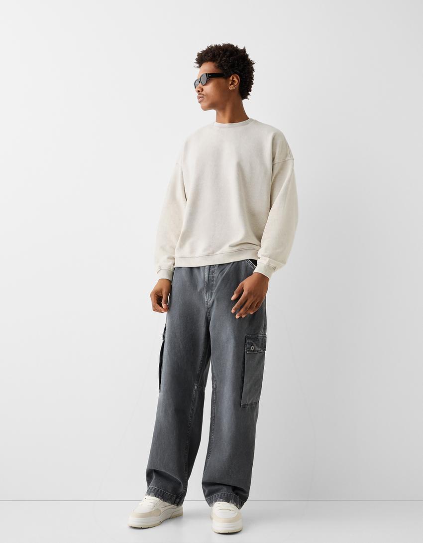 Washed-effect sweatshirt-Beige-3