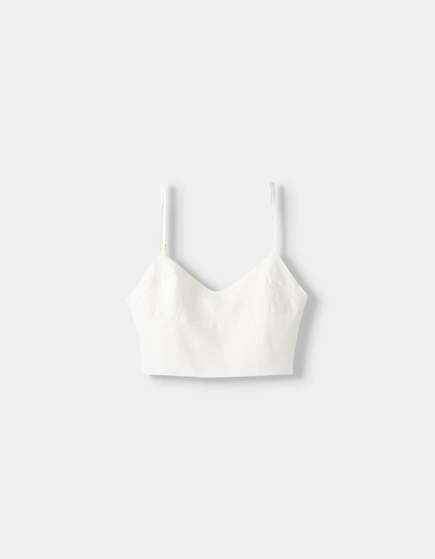 Crop top avec lin-Blanc-4