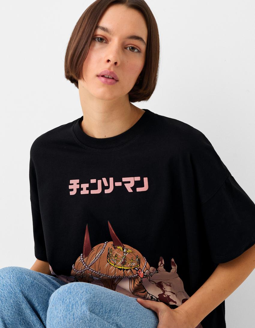 T-shirt manches courtes imprimé Chainsaw Man-Noir-2