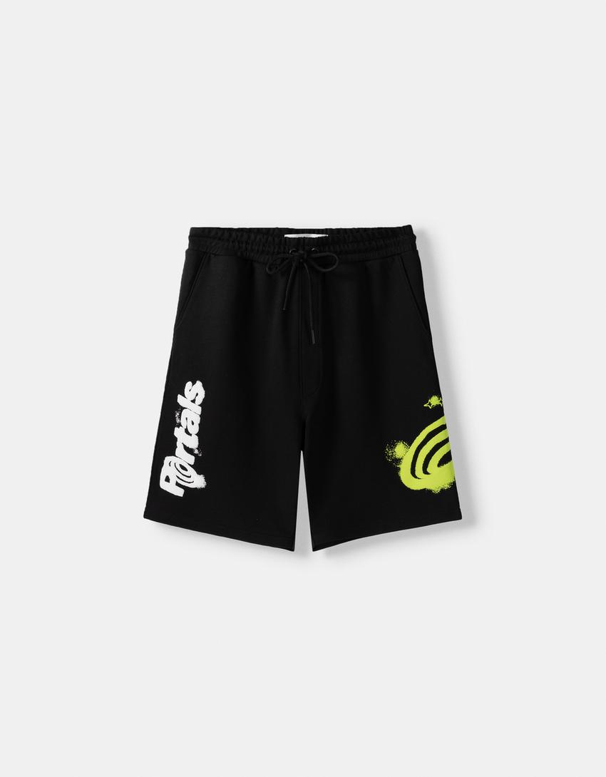 Relaxed fit plush printed Bermuda shorts-Black-4