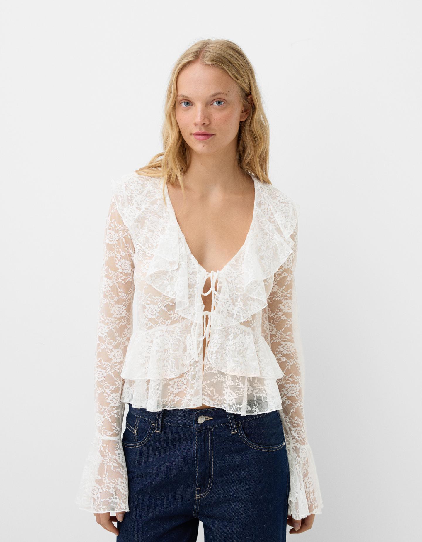 Bershka Blusa Blonda Volantes Mujer Xs Blanco Roto