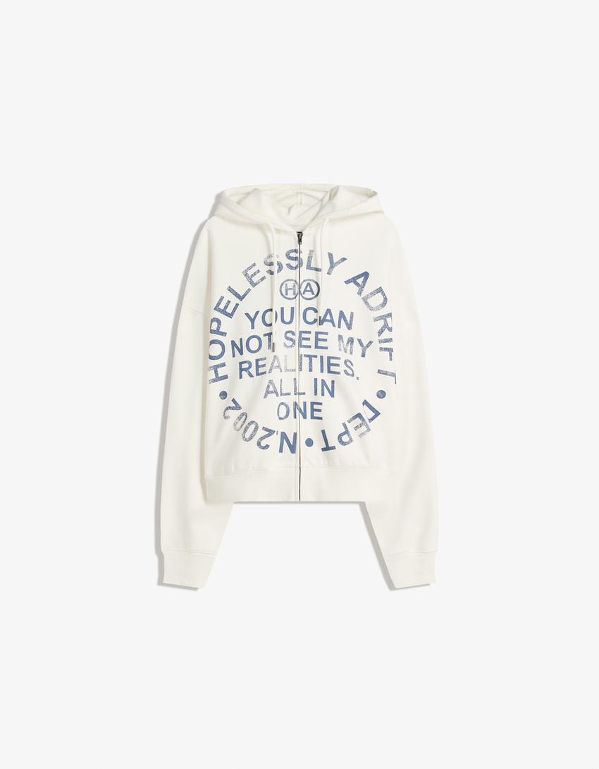 Printed sweatshirt with zip-Beige-4