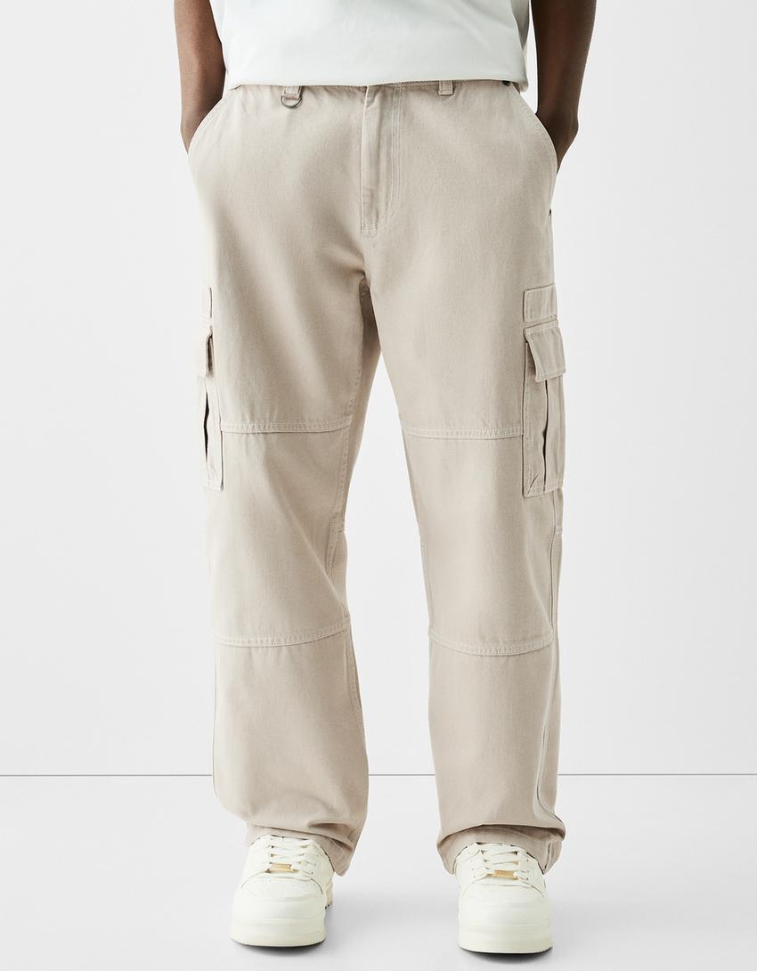 Cotton cargo trousers with contrast seams-Sand-1
