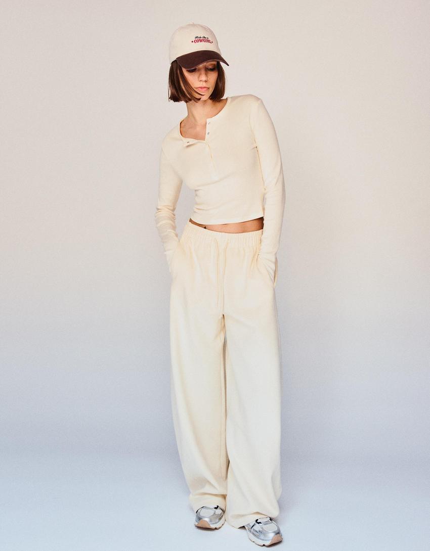 Long sleeved button neck top-Beige-1