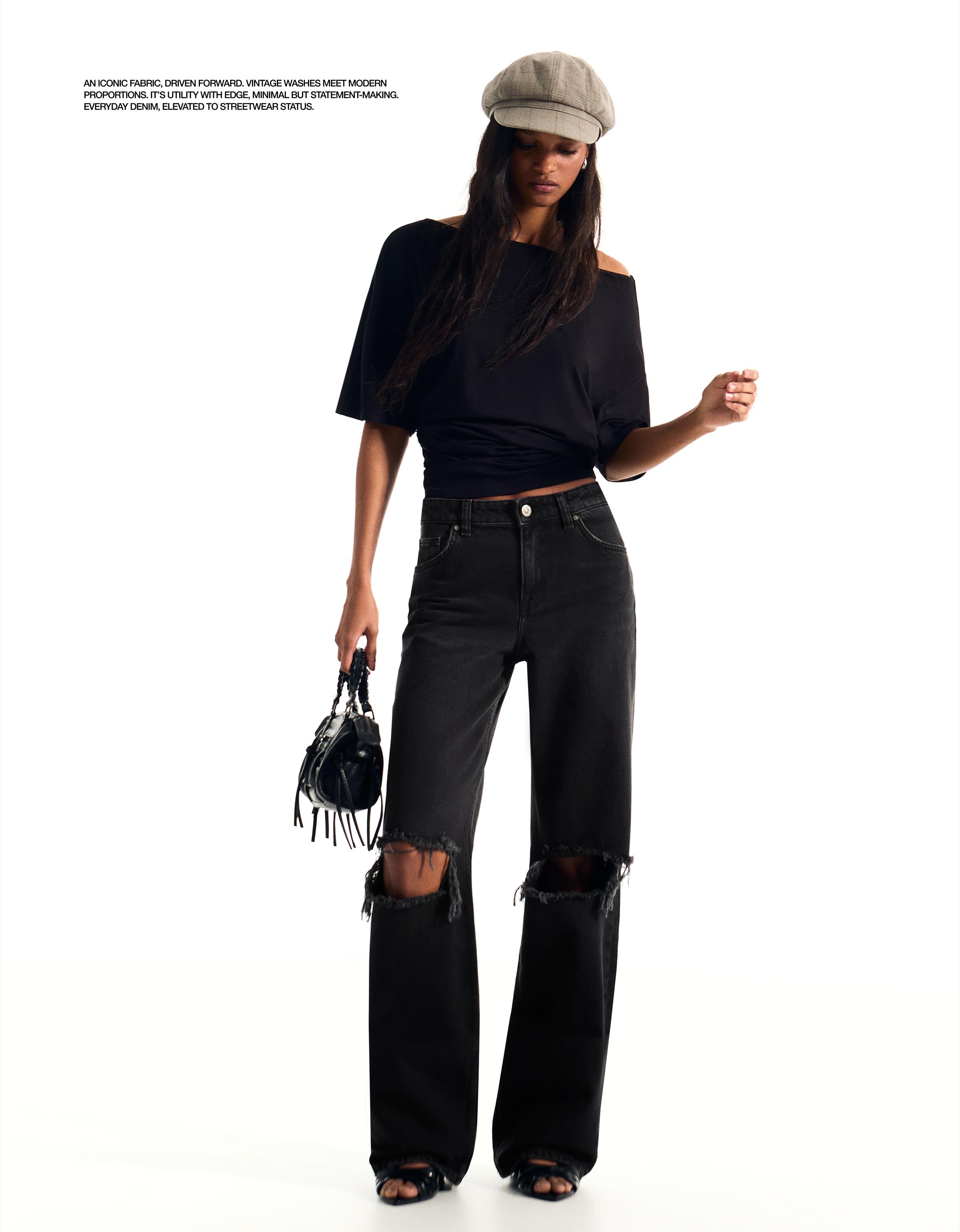 Yüksek bel distressed geniş paça jean - Görsel 51