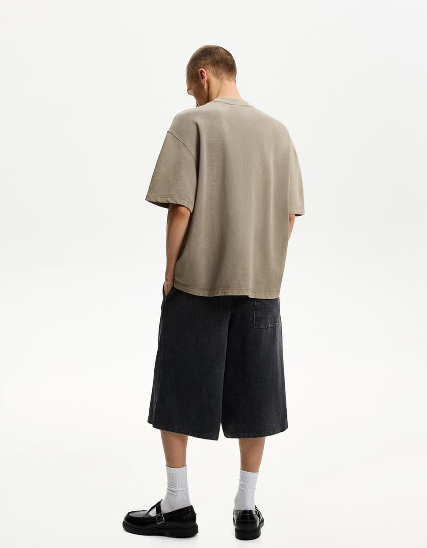Velours T-shirt met korte mouw en borduursel-Kameel-1