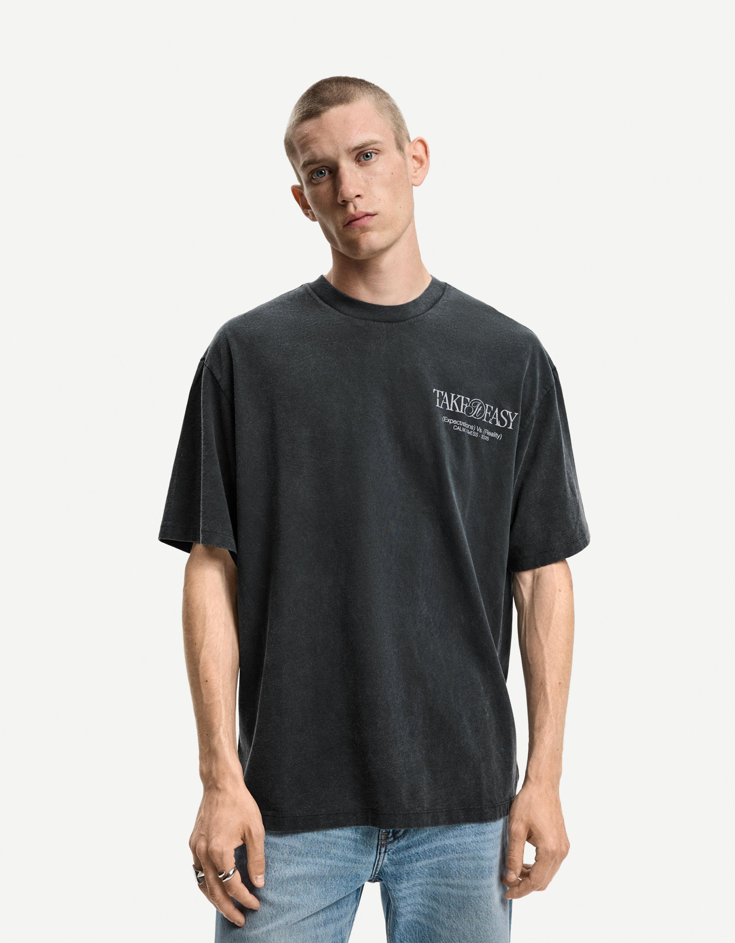 Bershka T-Shirt Mit Print Und Kurzen Ärmeln Herren M Schwarz