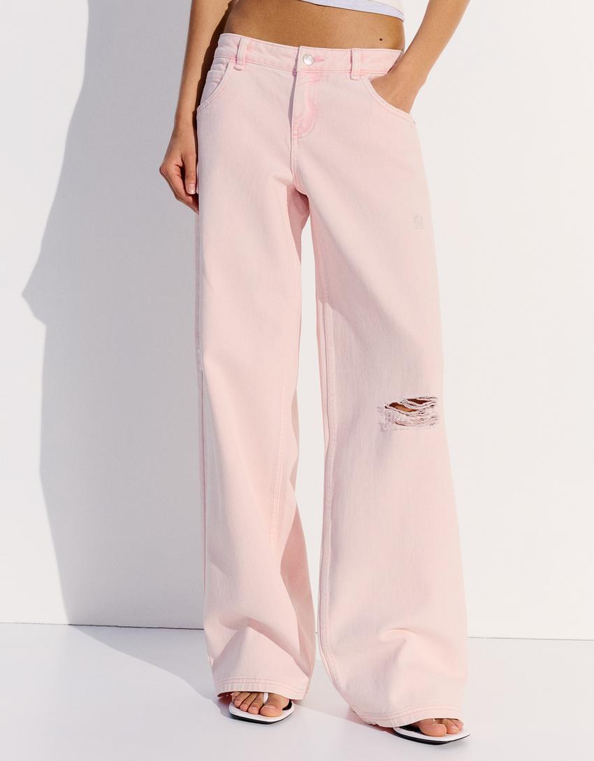 Ripped faded-effect trousers-Candy Pink