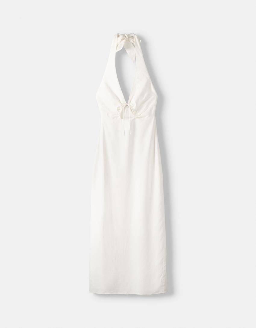 Изрязана дълга рокля с примес на лен-Мръснобяло-5