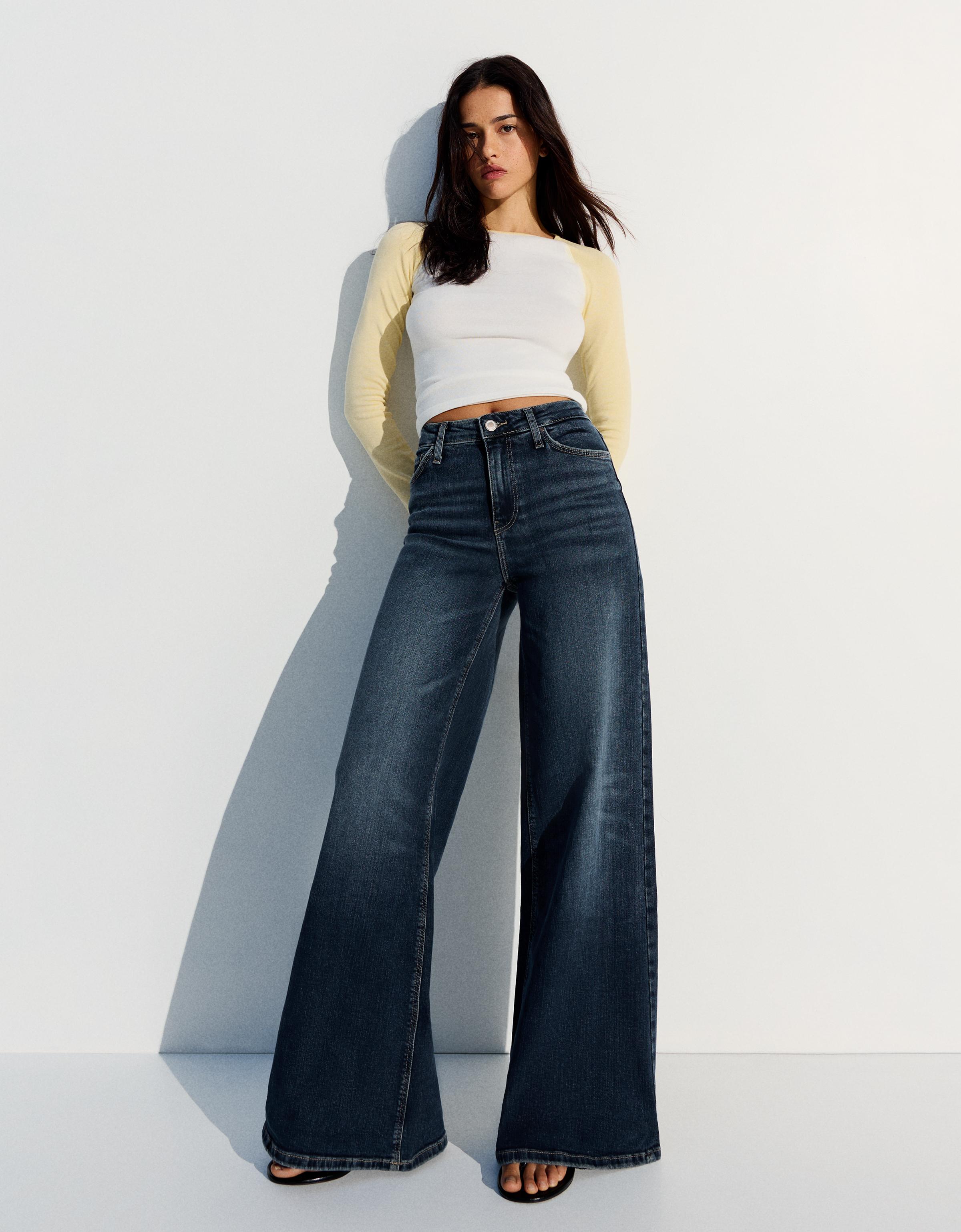 Bershka Jeans Wide Leg Tiro Alto Mujer Azul