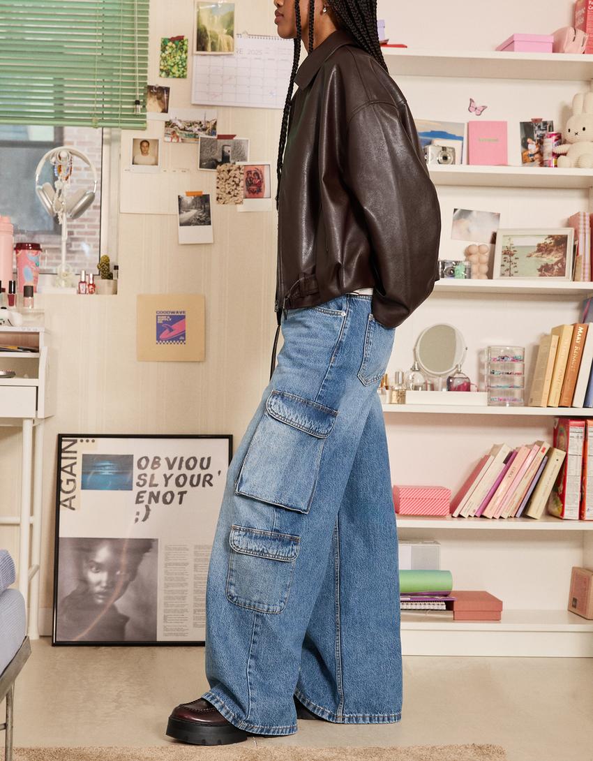 Jeans wide leg cargo-Azul lavado