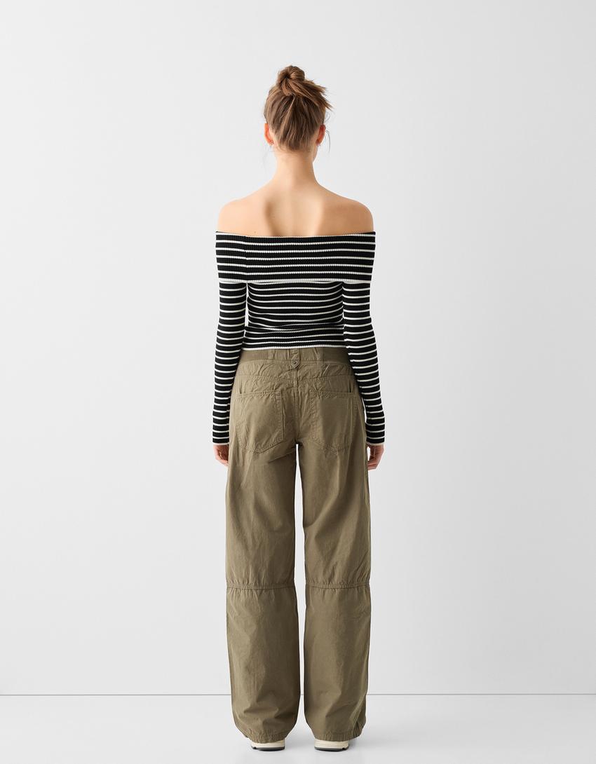 Camisola bardot com dobra e riscas-Preto-1