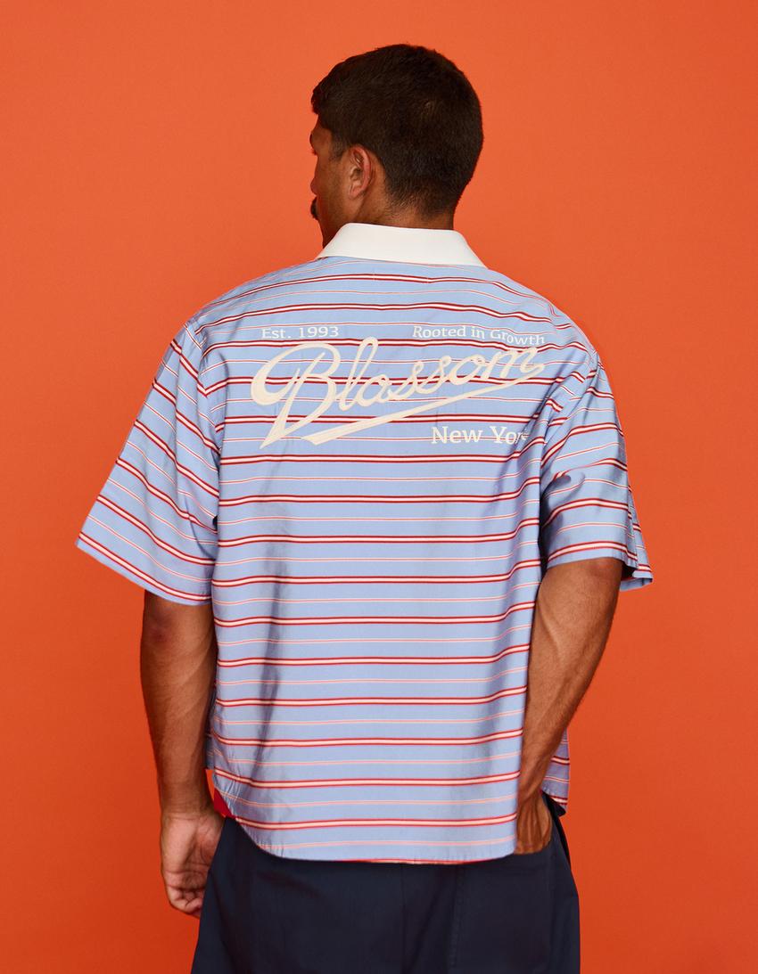 İşlemeli kısa kollu boxy fit gömlek-Açık mavi