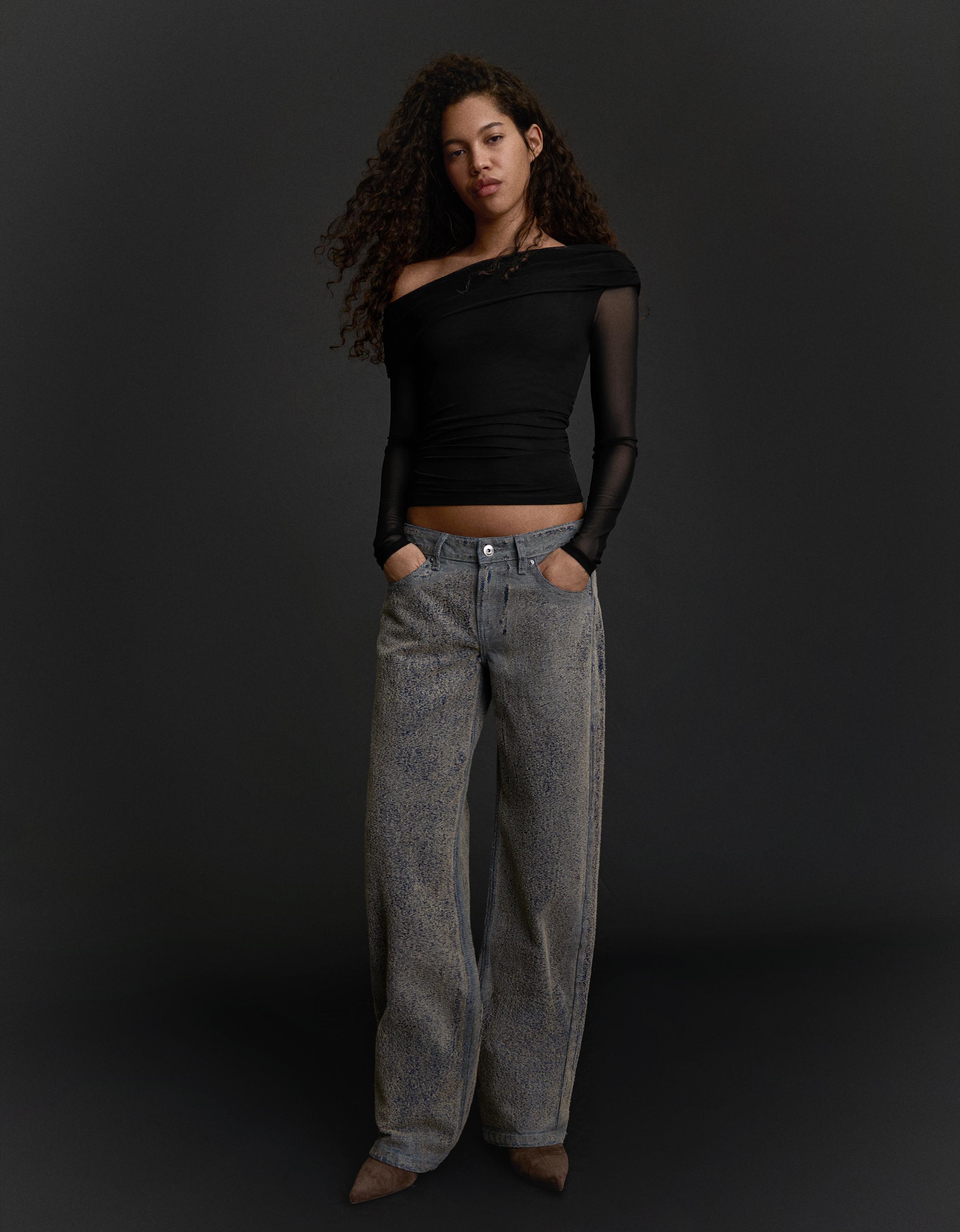 Bershka Asymmetrisches Langarmshirt Aus Tüll Damen S Schwarz