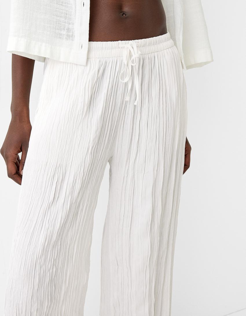 Pantalon wide leg effet froissé-Écru-3