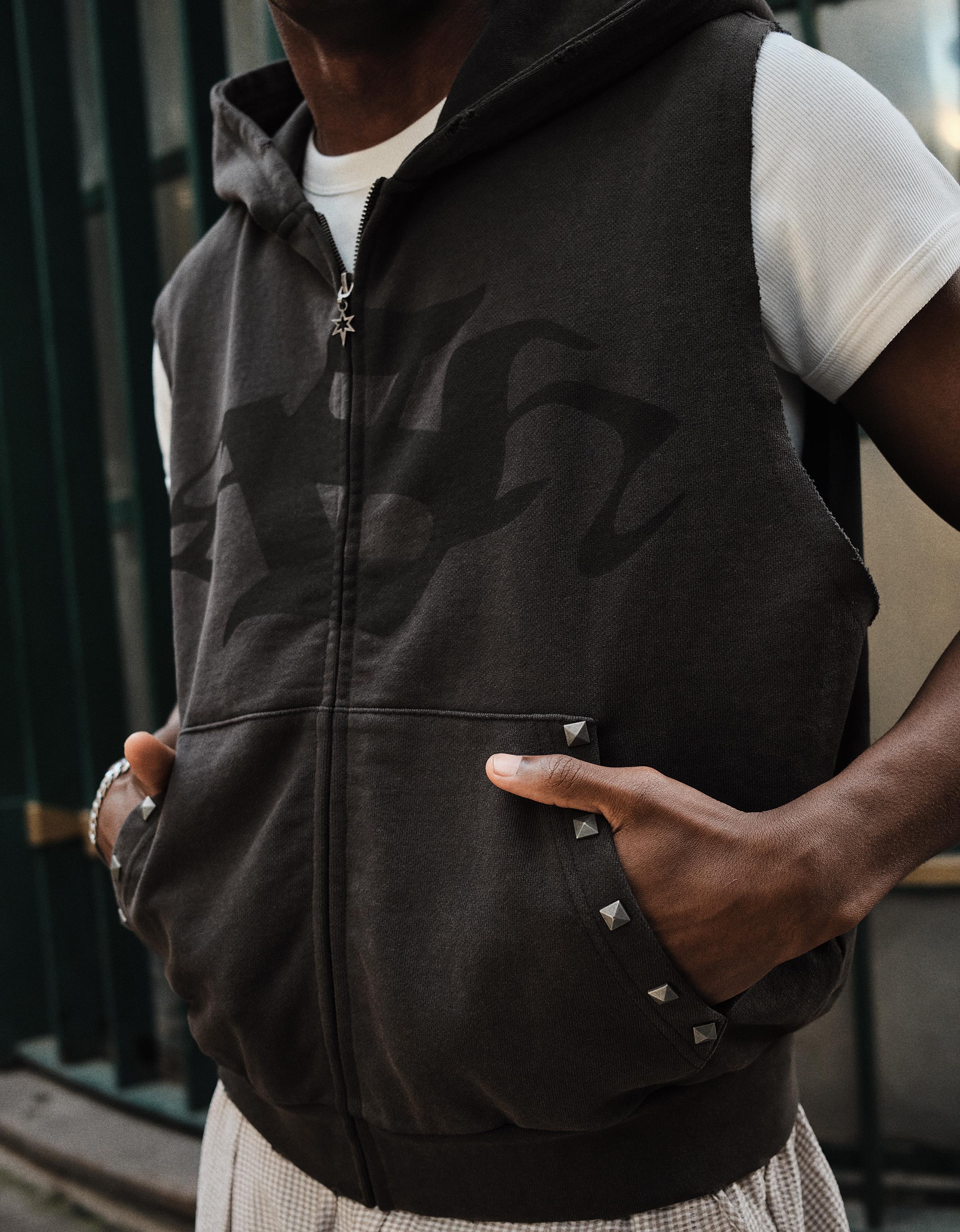 Hooded zip-up waistcoat with washed effect — Grey