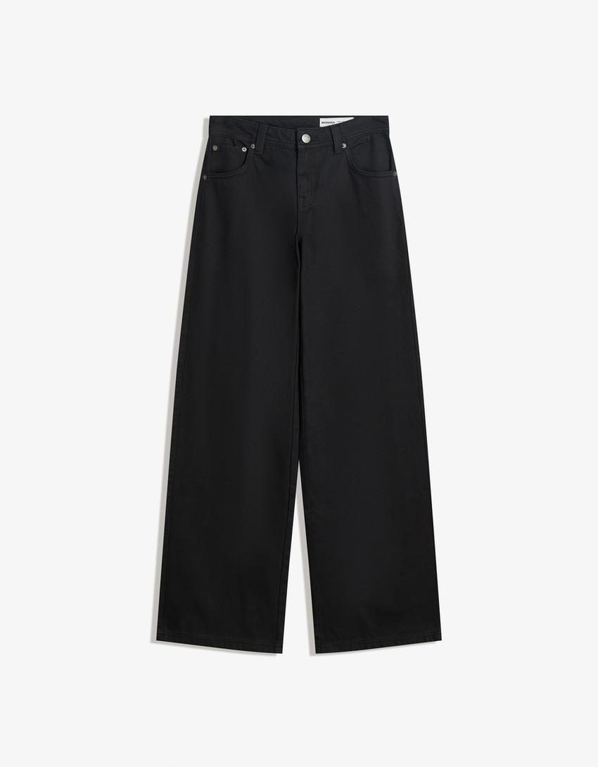 Straight-leg low-waist trousers with rhinestones-Black