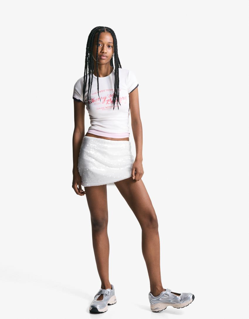 Sequinned mini skirt-White
