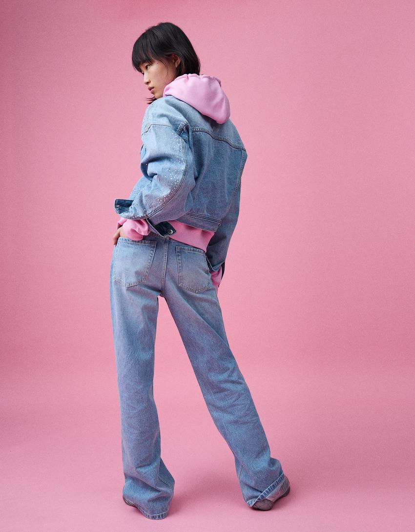 Cropped denim rhinestone jacket-Light blue