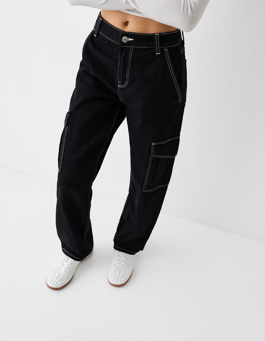 بنطال جينز كارغو بقصّة مستقيمة-أسود-3