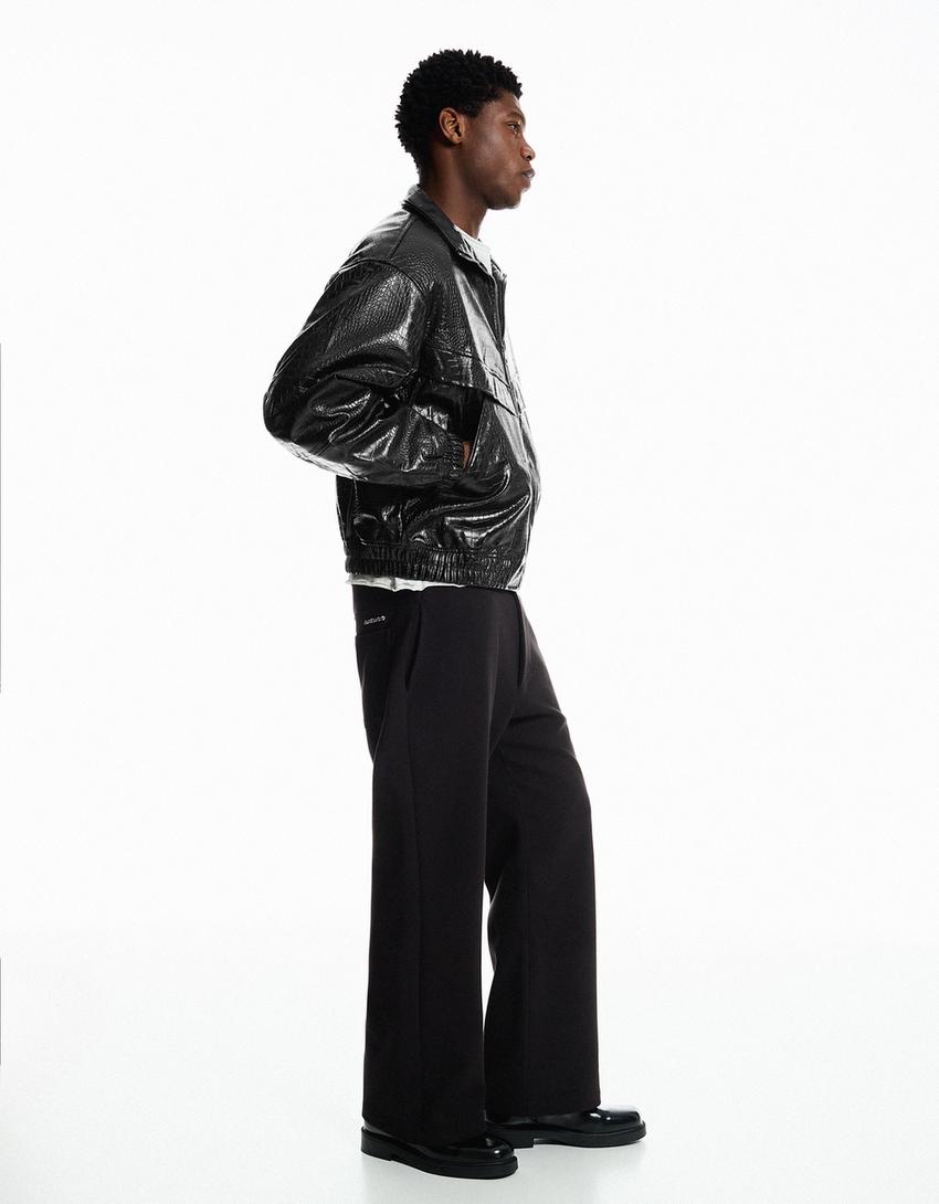 Suni deri desenli ceket-Siyah