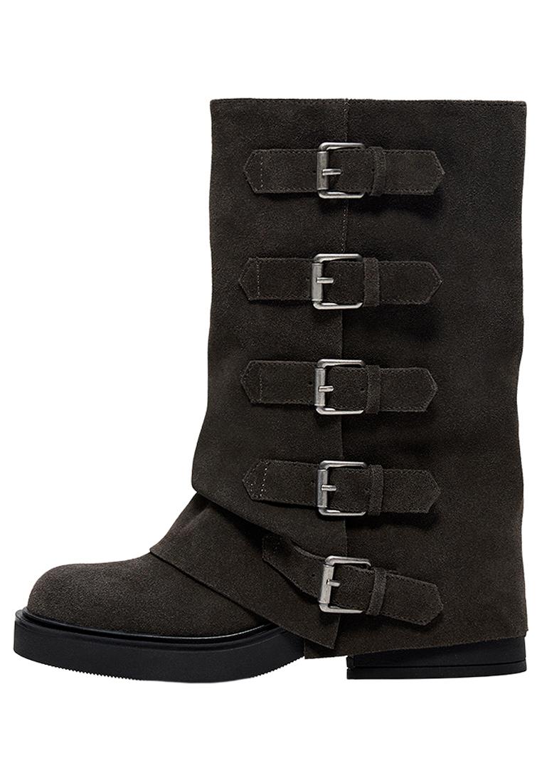 LEATHER TROUSER ANKLE BOOTS WITH BUCKLES — TAUPE