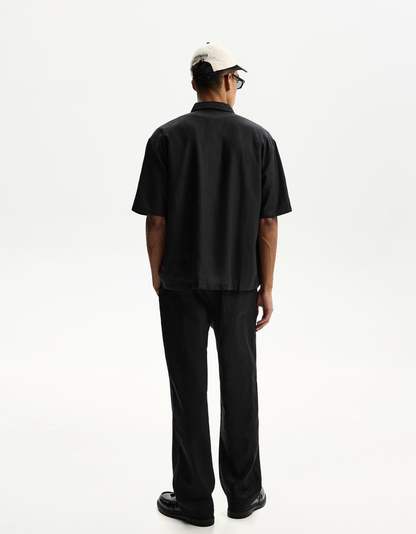 Camisa manga corta con lino-Negro