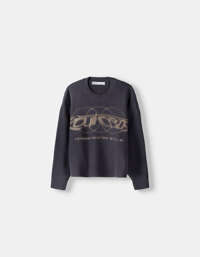 Pull maille côtelée imprimé-Gris foncé-5