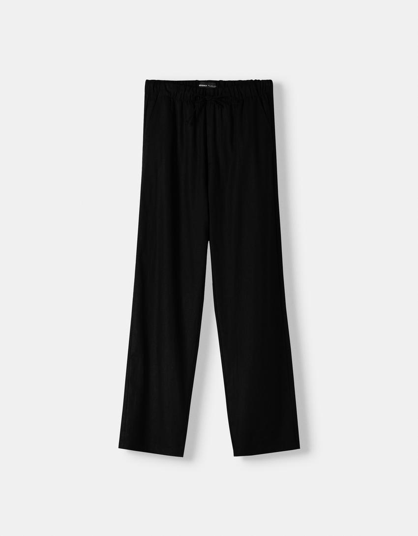 بنطال كتان واسع الساقين-أسود-4