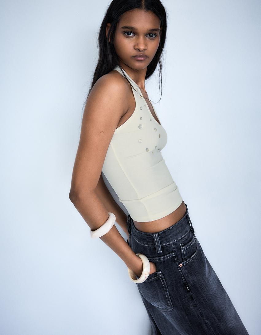 Halter top with buttons-Off white