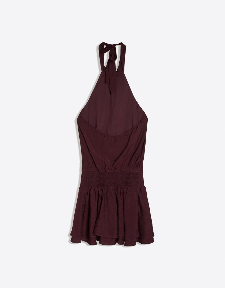 Halter yaka mini elbise-Kızıl kahverengi