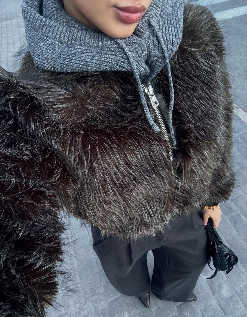 Zip-up faux fur jacket-Grey